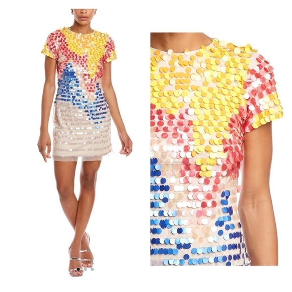 NWT AIDAN MATTOX Short Sleeve Beaded Sequin Mini Sheath Dress Multicolor Size 8 - Picture 3 of 13